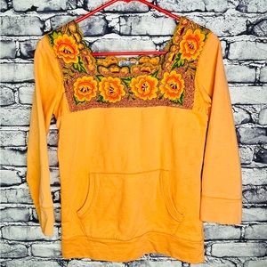 Lucky Brand Embroidered Floral 3/4 Sleeve Sweatshirt Pockets Orange XS